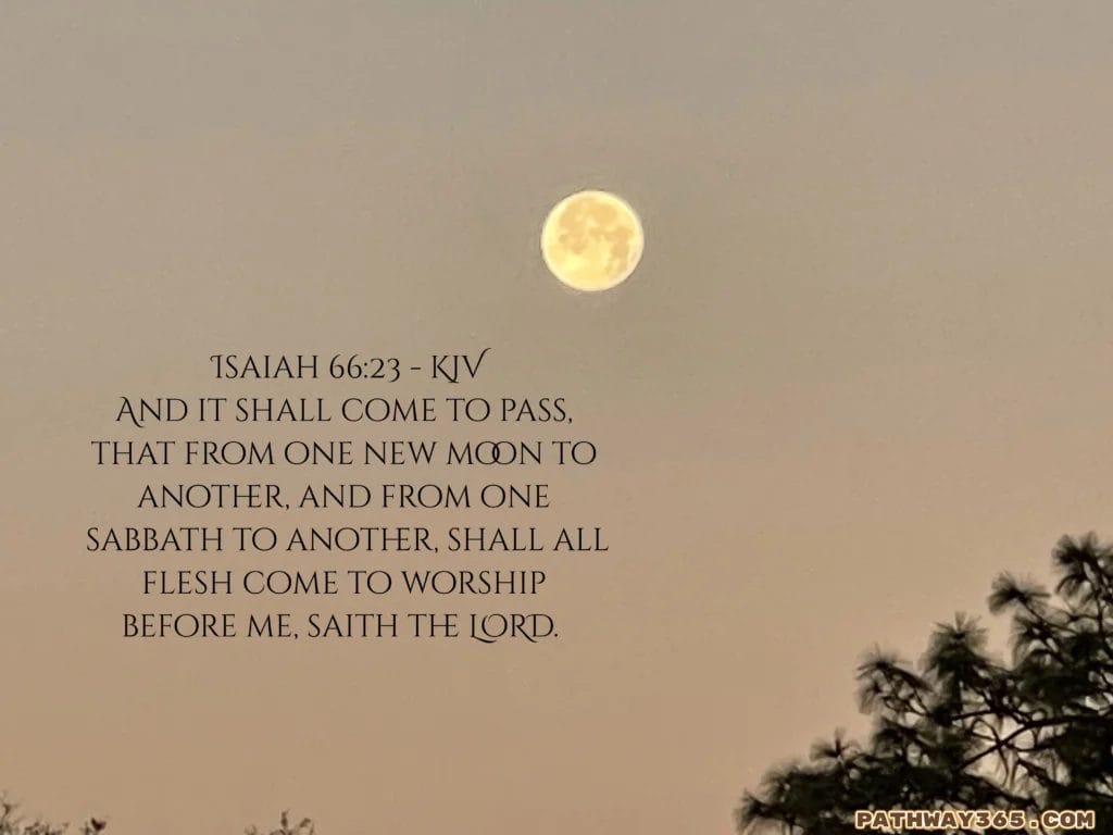 A pale full moon rises in a soft beige sky above silhouetted tree branches, with Isaiah 66:23 (KJV) displayed in elegant serif text on the left side.