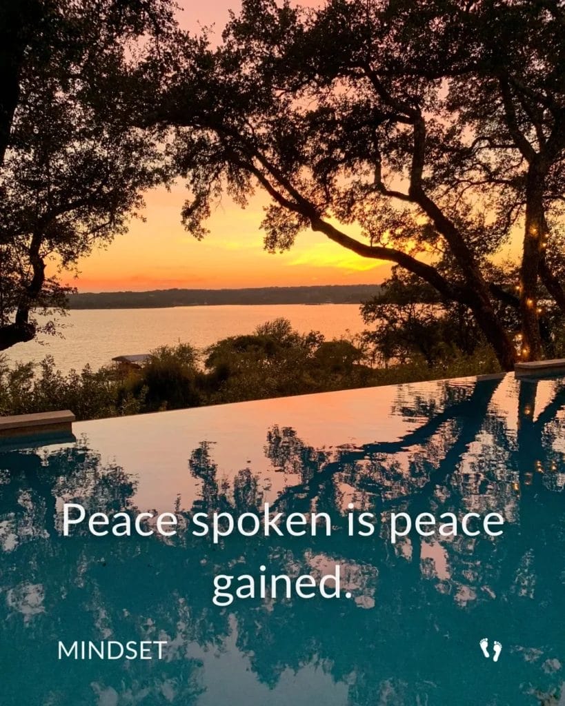 “A calm sunset reflected in still water surrounded by trees, creating a peaceful scene. Text reads: ‘Peace spoken is peace gained,’ symbolizing the power of words to bring calm and joy.”
