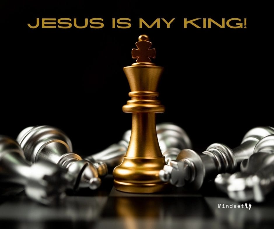 Gold chess king piece standing upright while fallen silver pieces lie around it, symbolizing Jesus as King of Kings and supreme authority over all.
