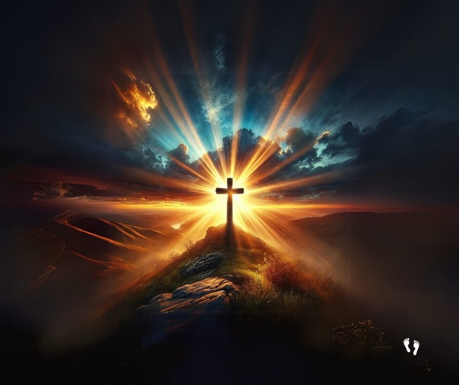 a cross on a hill with sun rays