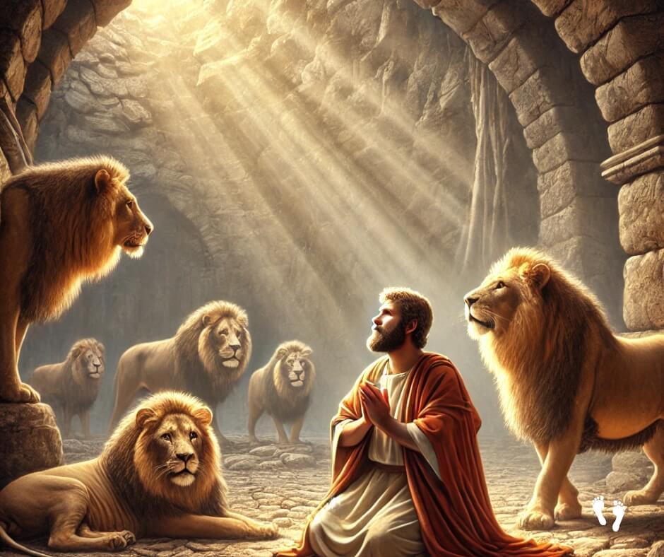 a man in a robe and a group of lions in a cave