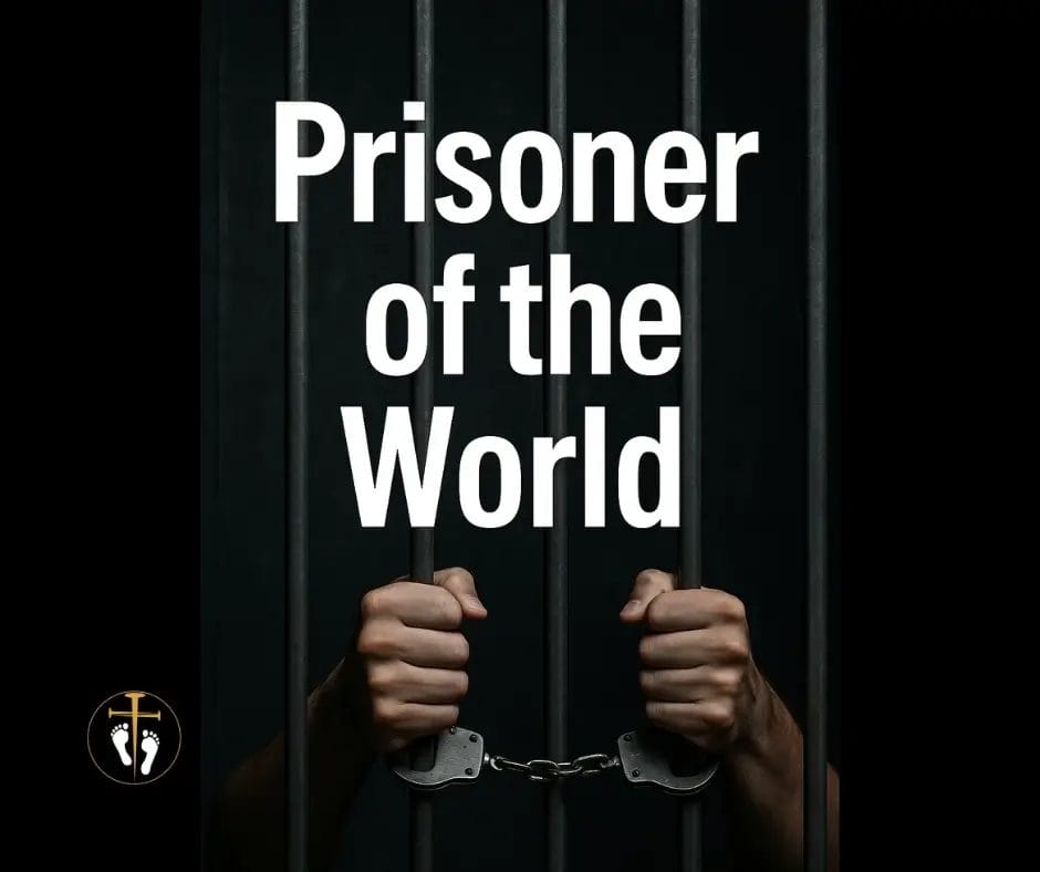Hands gripping prison bars with shackles, symbolizing the concept of being a prisoner of the world.