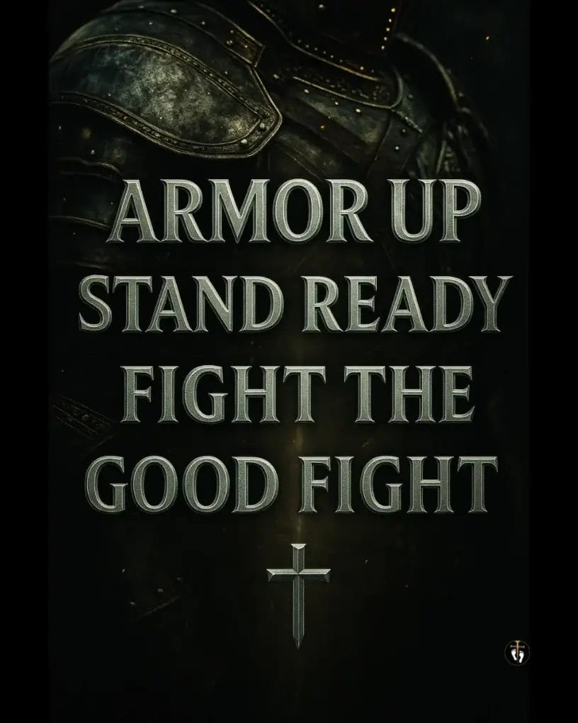 “Close-up of dark metallic armor with bold silver text reading ‘Armor Up, Stand Ready, Fight the Good Fight,’ with a metal cross beneath; paired with 1 Timothy 6:12 about fighting the good fight of faith.”