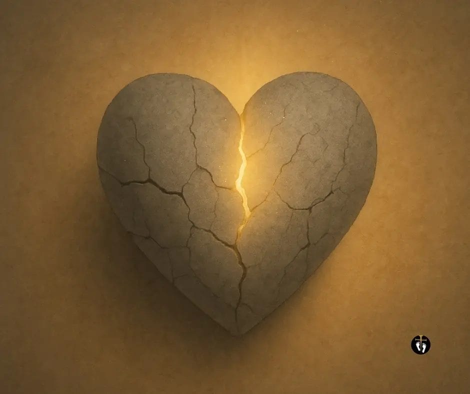 A cracked stone heart glowing with warm golden light, symbolizing God’s love healing human brokenness. Inspired by Flawless on Pathway365.