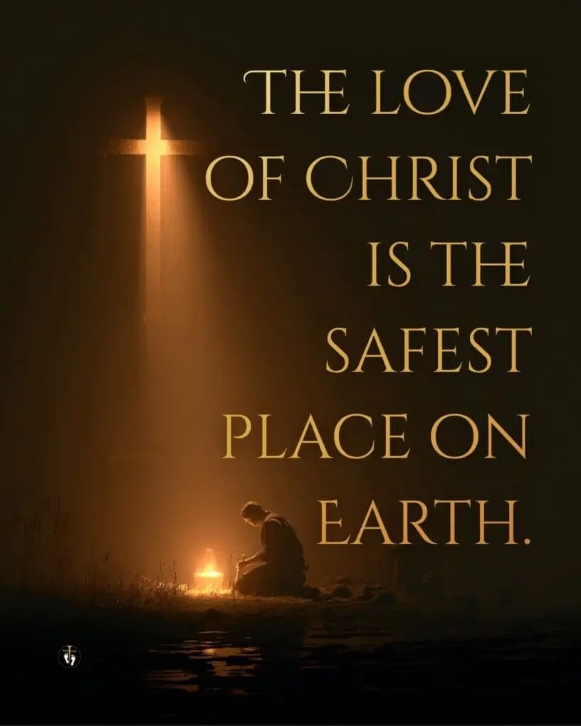 “Golden light in the shape of a cross shines down on a kneeling person beside a small fire, with text reading ‘The love of Christ is the safest place on earth,’ symbolizing divine protection; paired with Isaiah 54:17.”