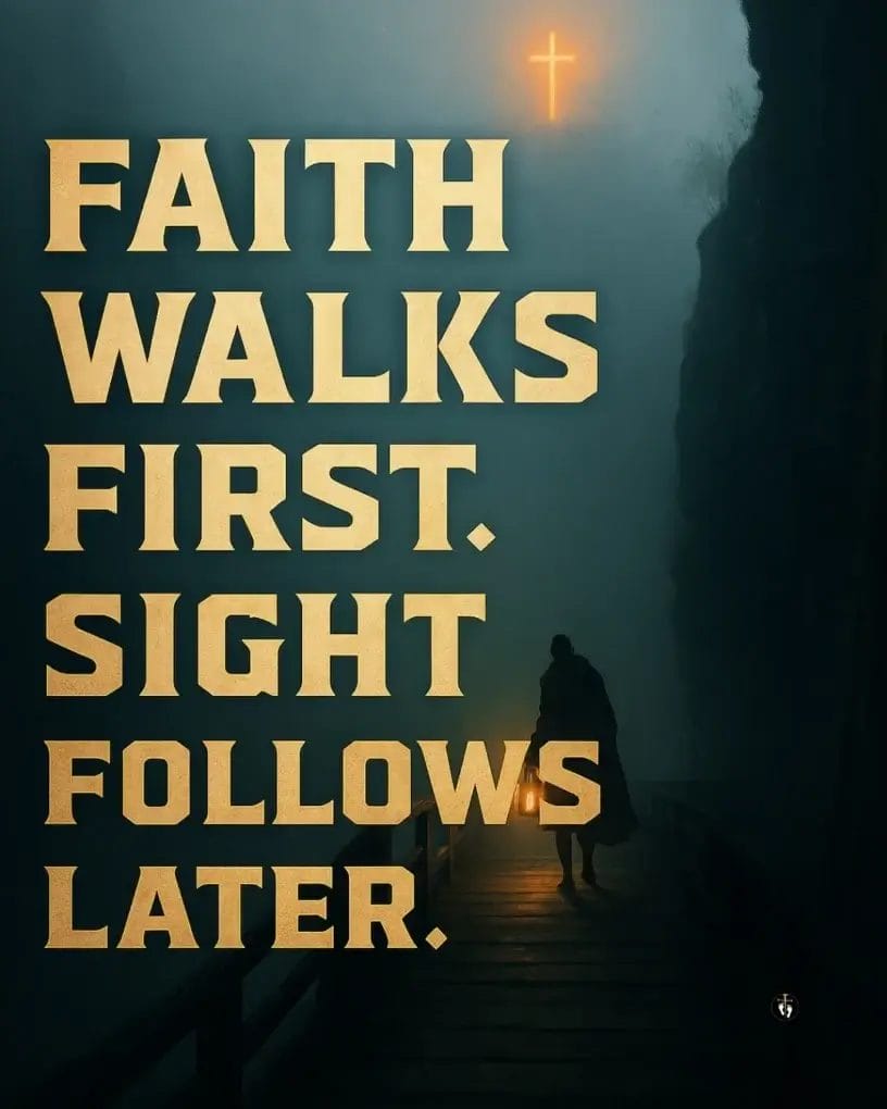 “A person walks across a fog-covered bridge holding a lantern while a glowing cross shines in the mist ahead. Text reads ‘Faith Walks First. Sight Follows Later.’”