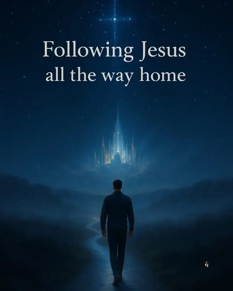 “A man walks along a glowing path beneath a star-filled sky toward a radiant heavenly city, with a shining cross above. Text reads: ‘Following Jesus All the Way Home.’”