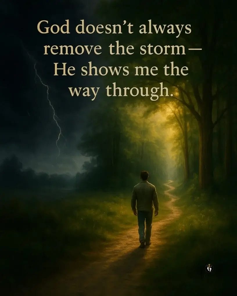 “A man walks alone along a narrow forest path during a storm as warm golden light breaks through the trees ahead. Text reads: ‘God doesn’t always remove the storm—He shows me the way through.’”