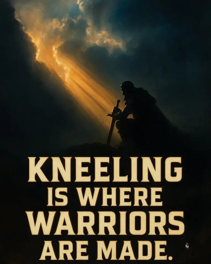 “A kneeling warrior holding a sword as golden rays of light break through stormy clouds above, with bold text reading ‘Kneeling is where warriors are made.’”