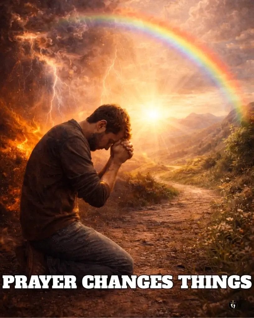 “A man kneels in prayer on a rugged path as a storm rages behind him and warm light breaks through ahead, symbolizing hope and deliverance. Text reads: ‘Prayer Changes Things.’”