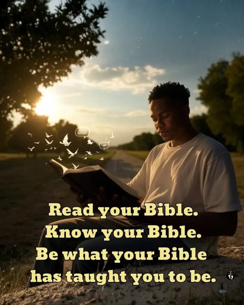 “A man sits beside a quiet road at sunset reading the Bible, with soft light illuminating the pages and birds rising upward. Text reads: ‘Read your Bible. Know your Bible. Be what your Bible has taught you to be.’”