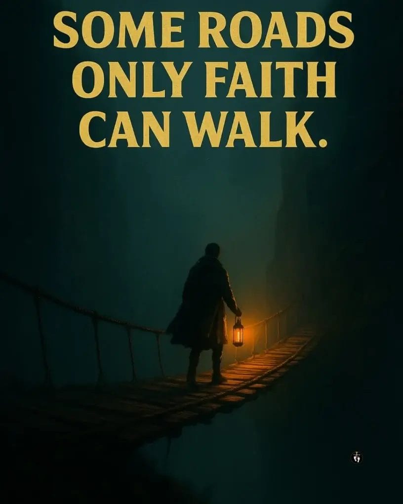 “A person walks alone across a narrow wooden bridge over a deep gorge, holding a lantern that glows in the darkness. Gold text above reads: ‘Some Roads Only Faith Can Walk.’”