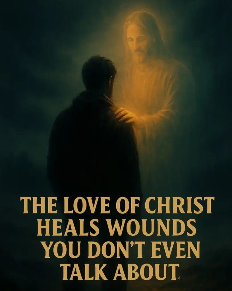 “A man stands in darkness as Christ appears before him, glowing with warm golden light and resting a comforting hand on his shoulder. Text reads: ‘The Love of Christ Heals Wounds You Don’t Even Talk About.’”