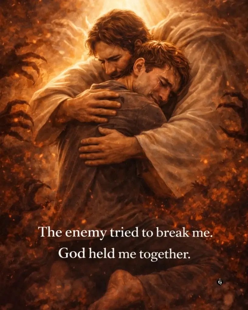 “A weary man is held tightly in the arms of Christ, surrounded by glowing light and fading darkness. Text reads: ‘The enemy tried to break me. God held me together.’”