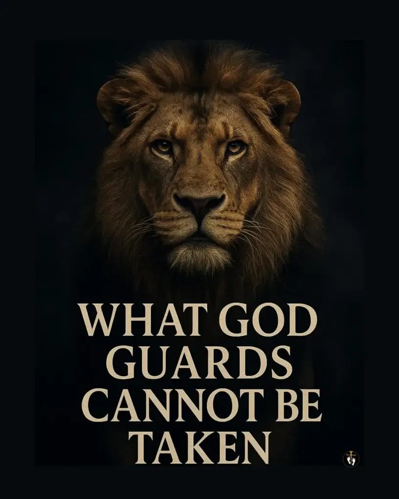 “A powerful lion stares forward from a dark background, symbolizing divine protection and strength. Text reads: ‘What God Guards Cannot Be Taken.’”