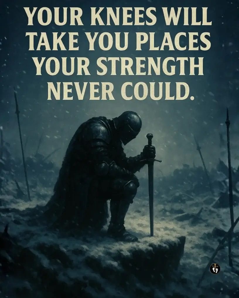 “A lone armored warrior kneels in a snowy battlefield, resting on his sword as snow falls around him. Text above reads: ‘Your knees will take you places your strength never could.’”