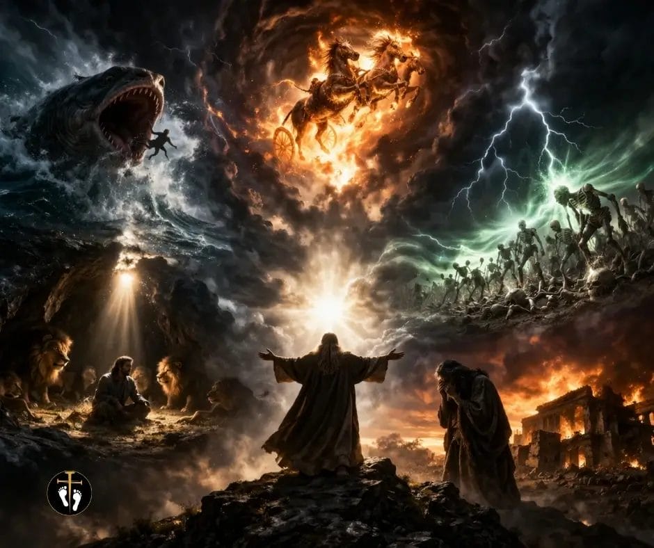 dramatic Bible prophets scene with apocalyptic visions, fiery chariot, giant fish, valley of dry bones, lions, and ruined city, pathway365 branded artwork