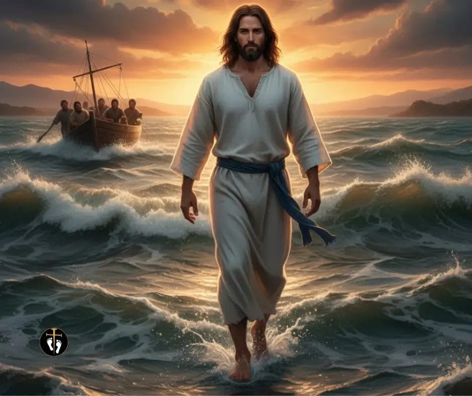 Jesus walking on water toward the disciples’ boat representing the miracles of Jesus in the Bible quiz