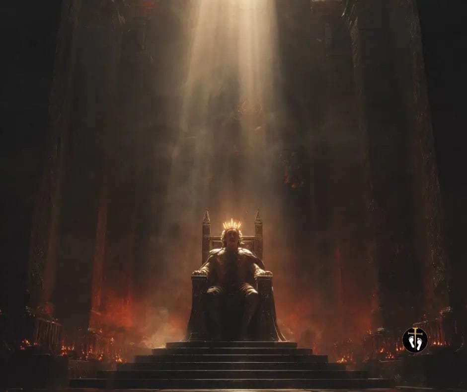 cinematic biblical kings scene with glowing crown, ancient throne, fire-lit palace, and shadow of a powerful ruler, pathway365 artwork