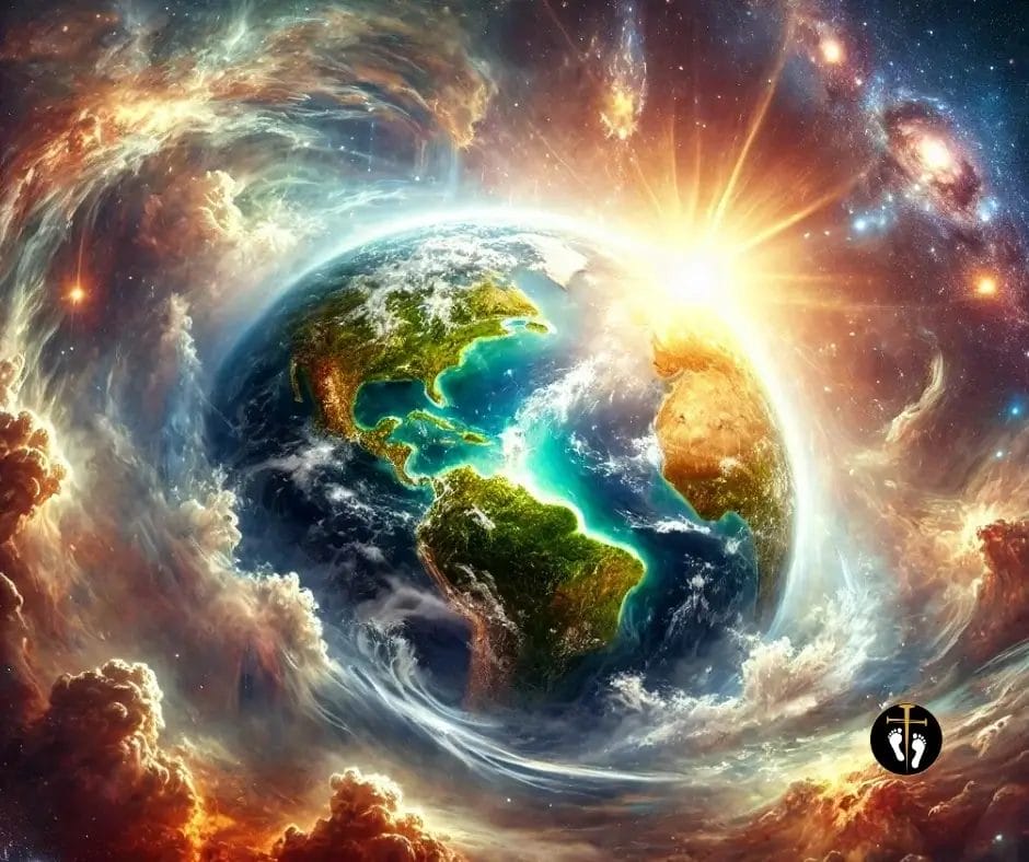 creation of earth by God, Genesis 1:1, glowing earth in space, divine light, Christian artwork, Bible creation scene, pathway365 branded image