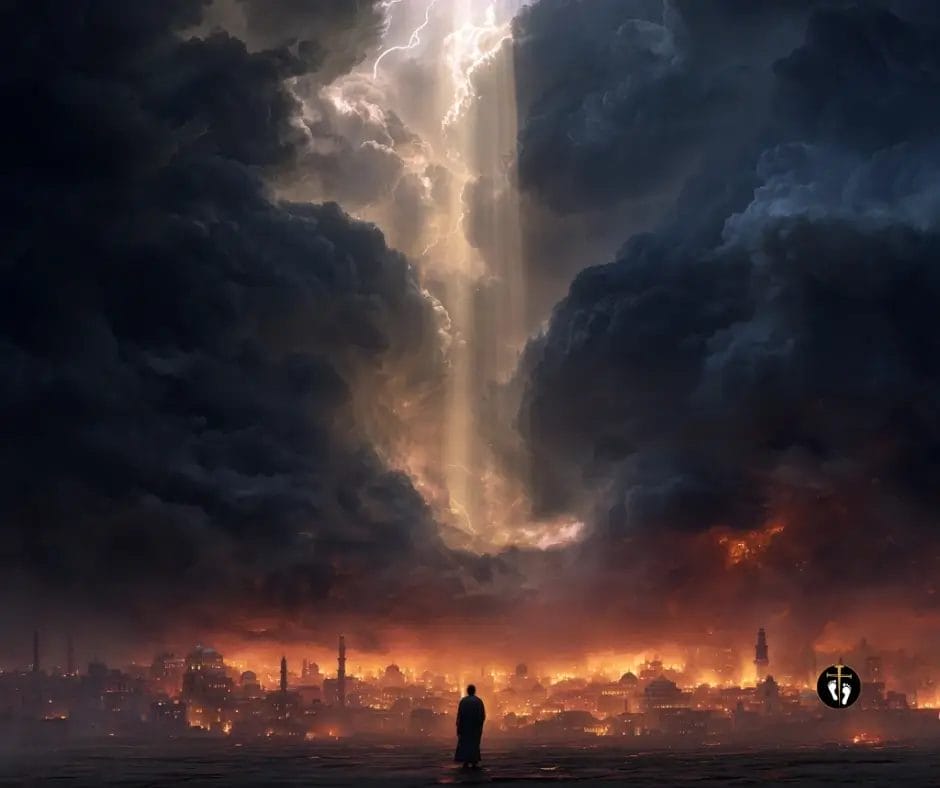 apocalyptic biblical scene with glowing sky, lightning breaking through dark clouds over ancient city, symbolic end times atmosphere, dramatic cinematic lighting, pathway365 style artwork