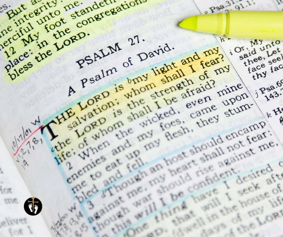 Open Bible showing Psalm 23 with highlighted verse representing the “Finish the Bible Verse” quiz on Pathway365