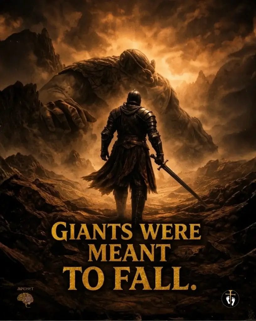 Christian mindset image of a warrior standing before a massive fallen giant in a dramatic landscape with the words “Giants Were Meant to Fall,” symbolizing victory through faith.