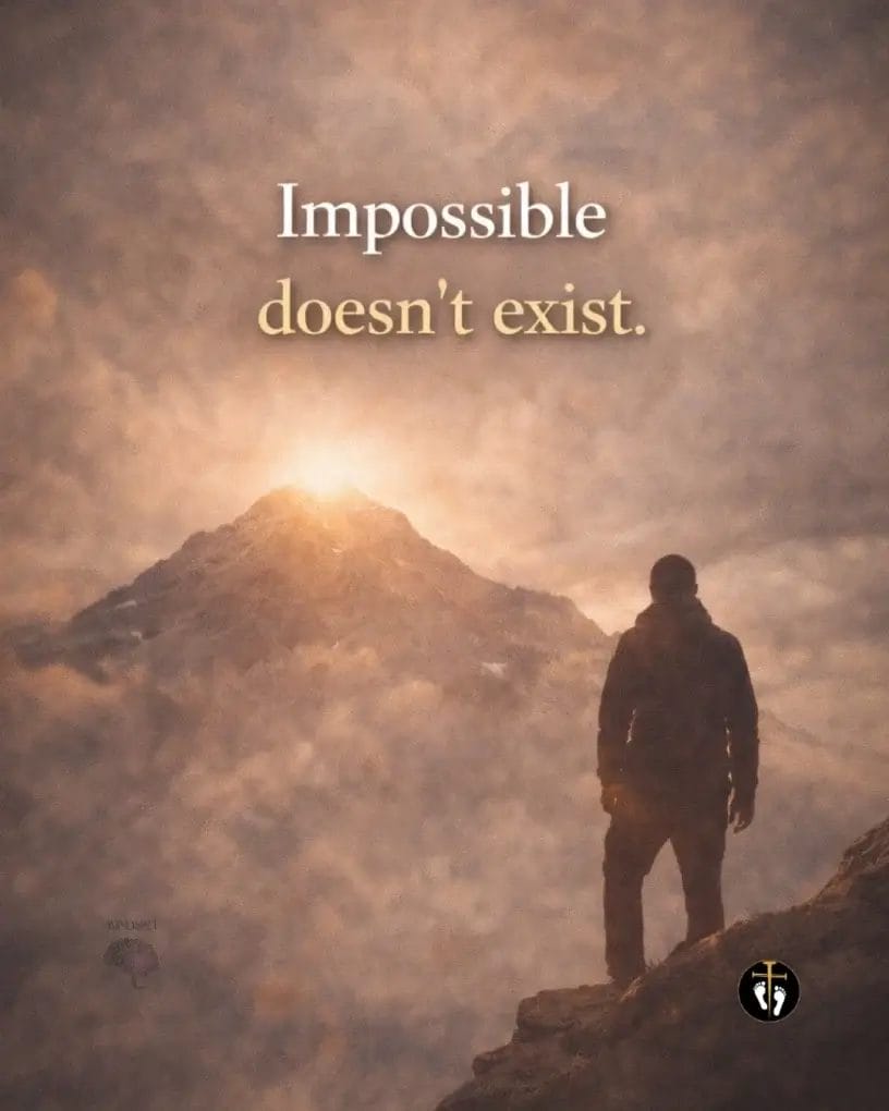 Christian mindset image of a man standing on a mountain overlooking a glowing sunrise with the words “Impossible doesn’t exist,” symbolizing faith and God’s limitless power.