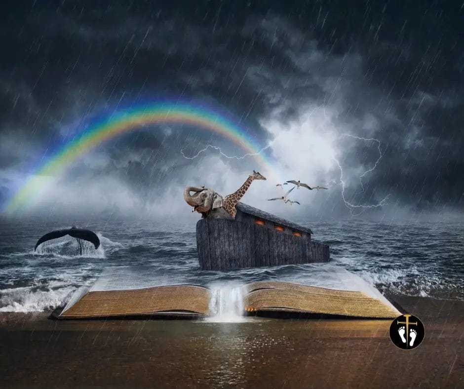 Noah’s ark with animals and rainbow, Bible story illustration, ark on ocean with storm and rainbow, Christian kids Bible artwork, pathway365 branded image