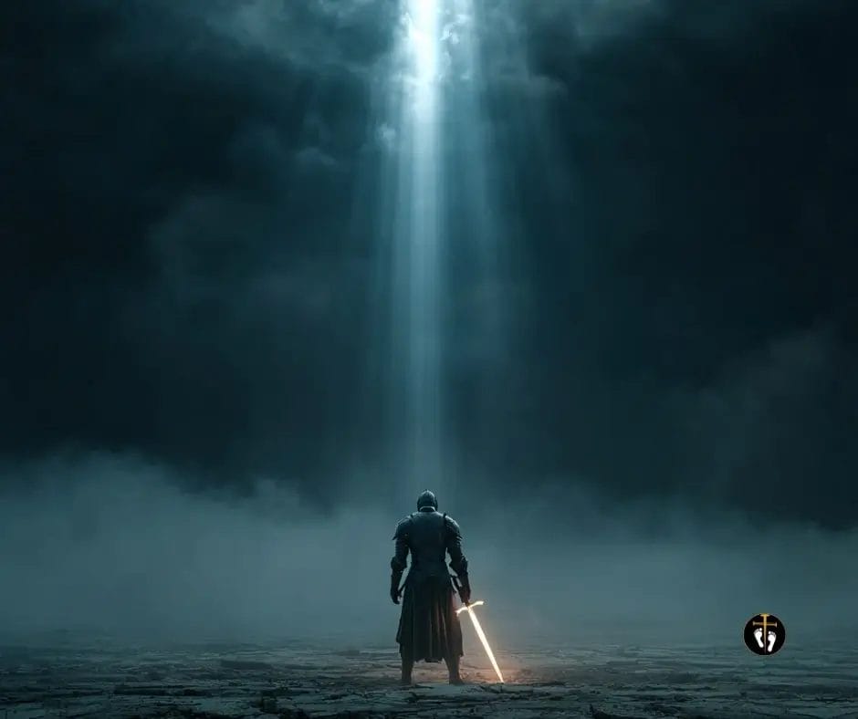 cinematic spiritual warfare scene with radiant light breaking through darkness, armored believer standing against shadow forces, dramatic movie poster style, pathway365 artwork