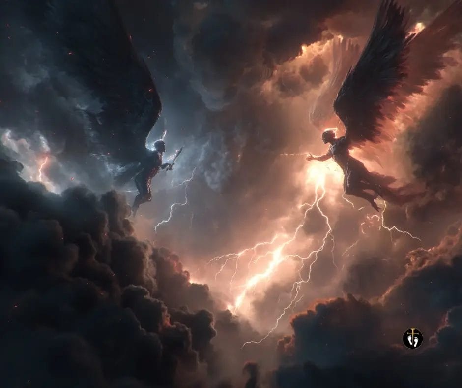 dark cinematic spiritual battle scene with angelic light breaking through shadow figures, dramatic contrast between light and darkness, pathway365 style