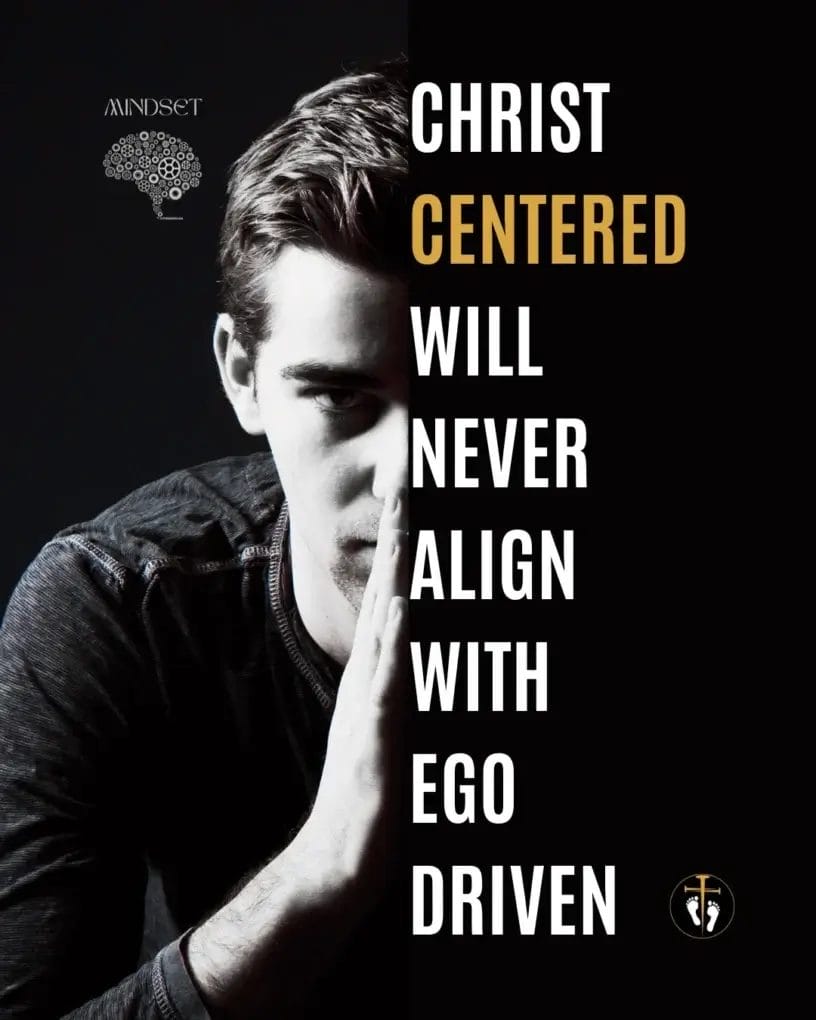 Black and white image of a man praying with text about being Christ-centered and not ego-driven, representing Galatians 2:20 and surrendering self to Christ