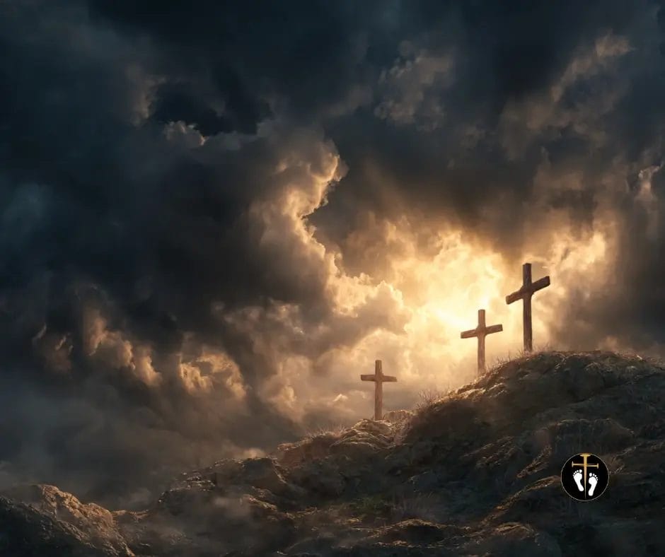 dramatic cinematic crucifixion and resurrection scene with dark sky, radiant light breaking through, cross silhouette, and victorious resurrection symbolism in movie poster style