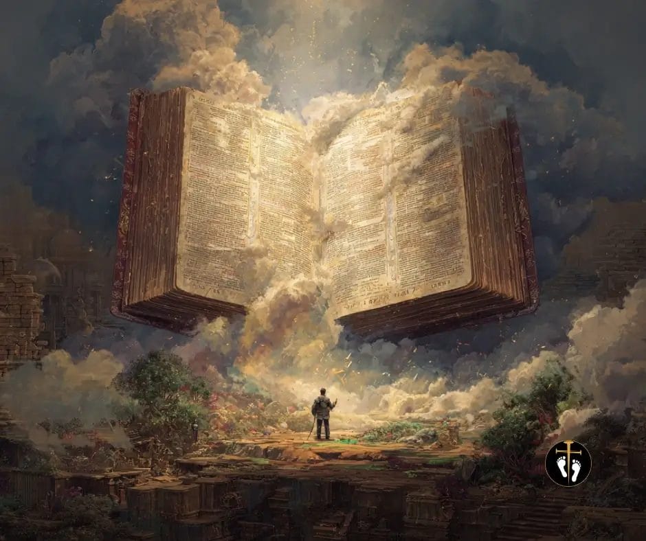 Glowing open Bible floating in the sky with divine light shining down on a person below, symbolizing deep spiritual revelation and knowledge of Scripture