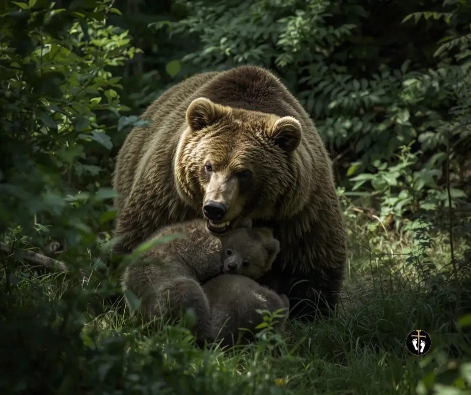 Mother bear protecting her cub in the forest symbolizing strength, protection, and security