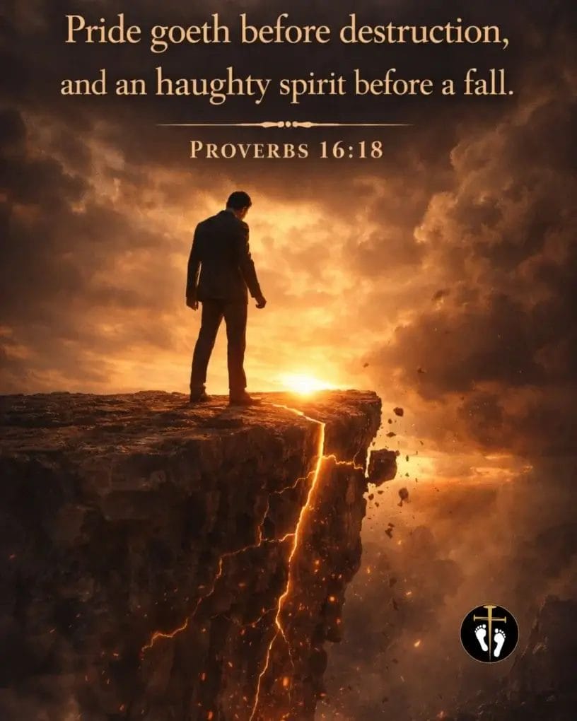 Man standing on a cracked cliff at sunset with Proverbs 16:18 KJV about pride going before destruction and a fall