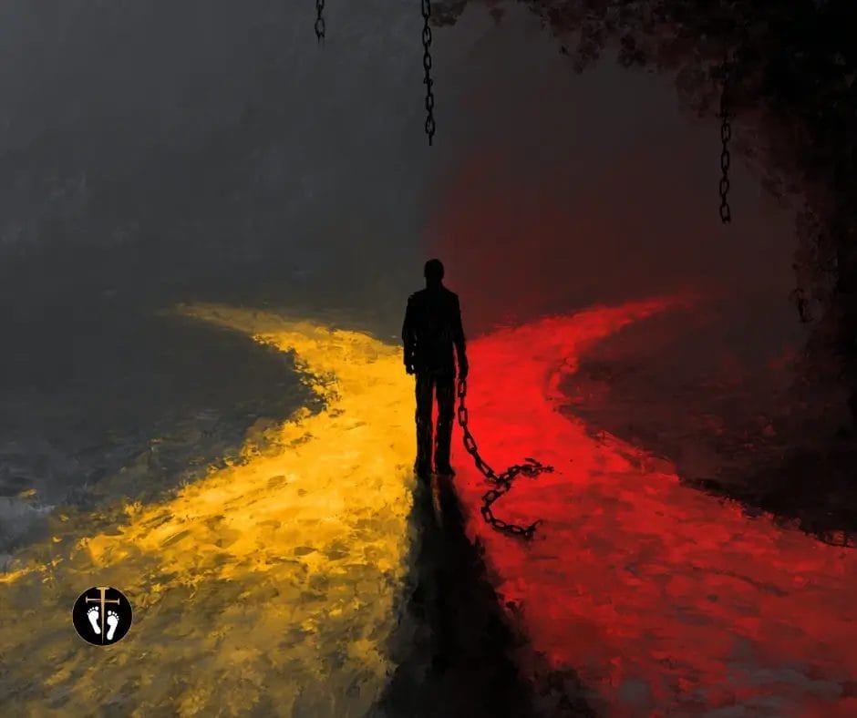 Silhouette at a crossroads between light and darkness representing sin and temptation, illustrating the spiritual battle between righteousness and evil