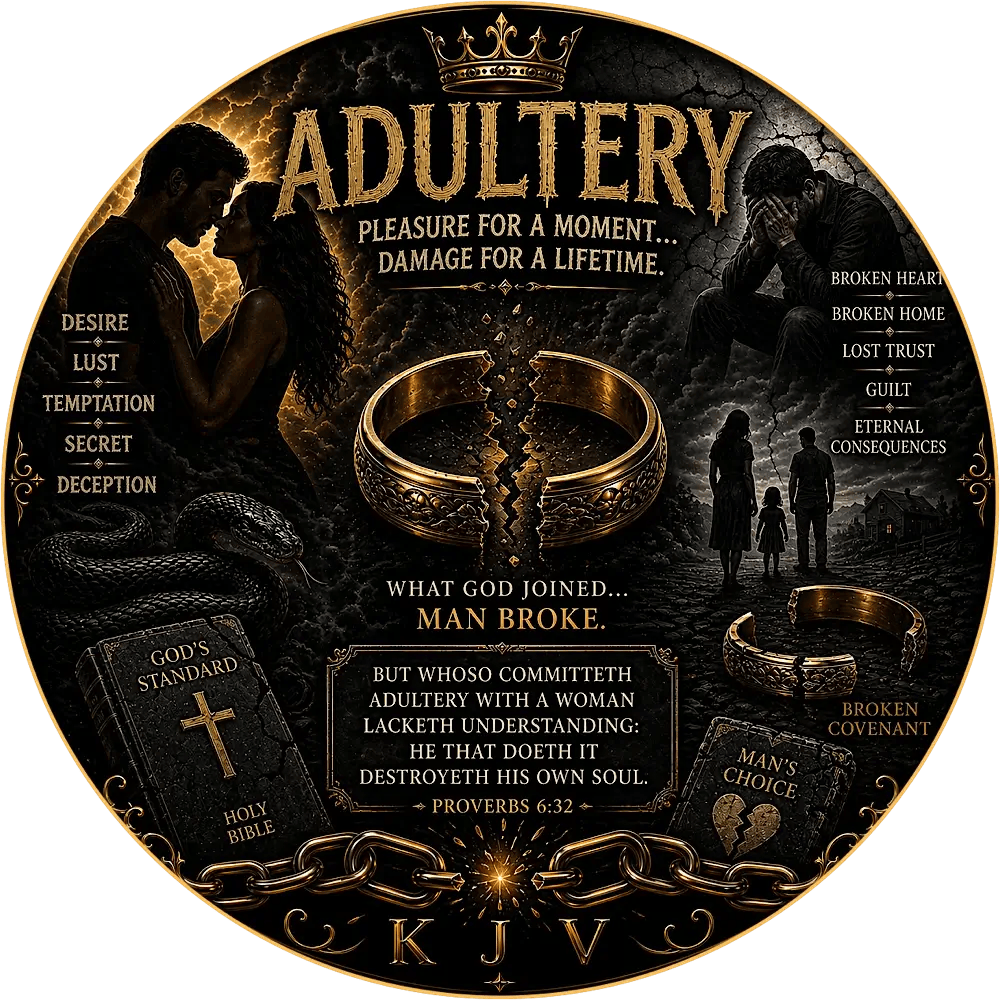 Broken wedding rings and scenes of temptation representing Bible verses about adultery KJV and the consequences of unfaithfulness