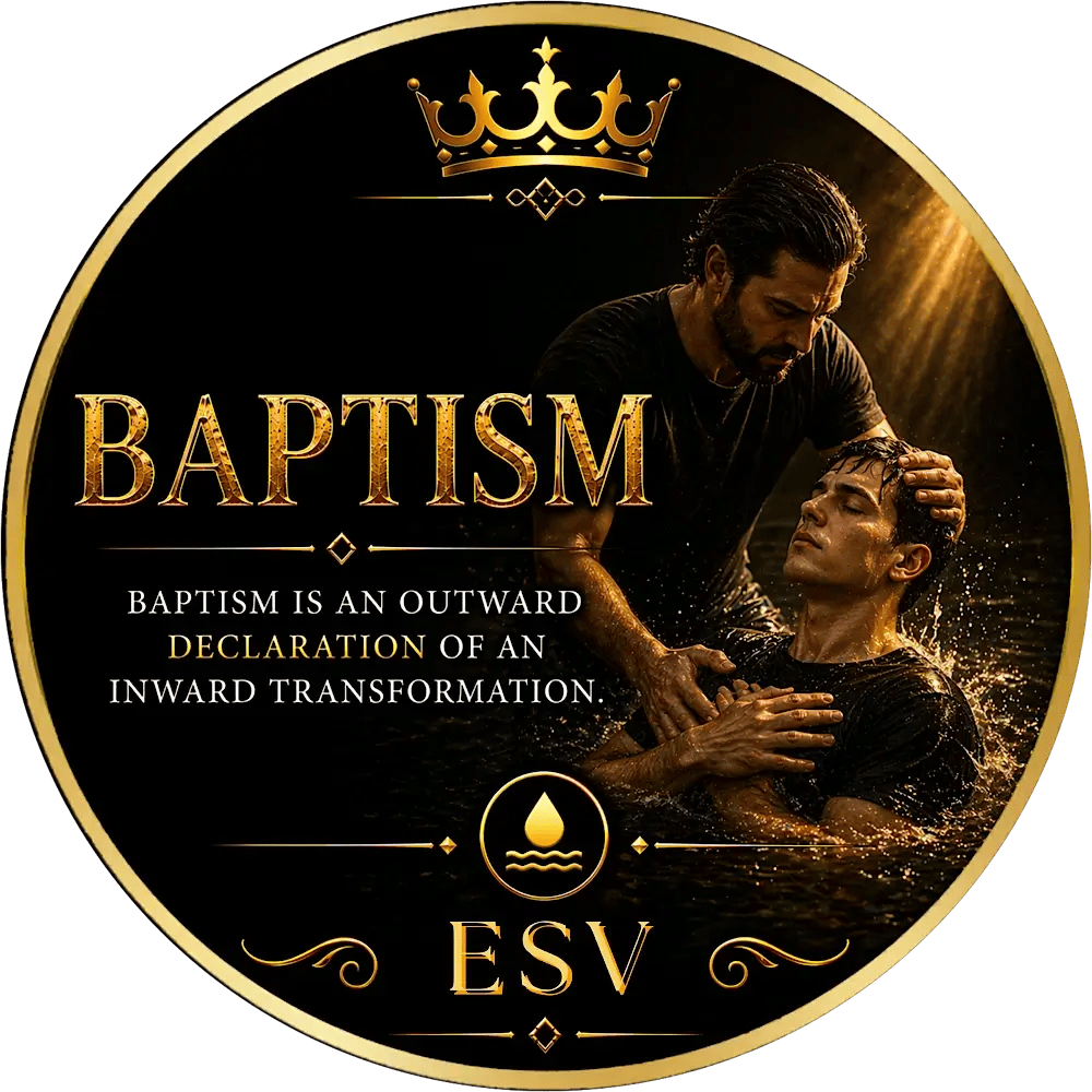 Powerful baptism artwork showing a believer being immersed in water during a Christian baptism, symbolizing spiritual renewal and faith, with ESV version branding.