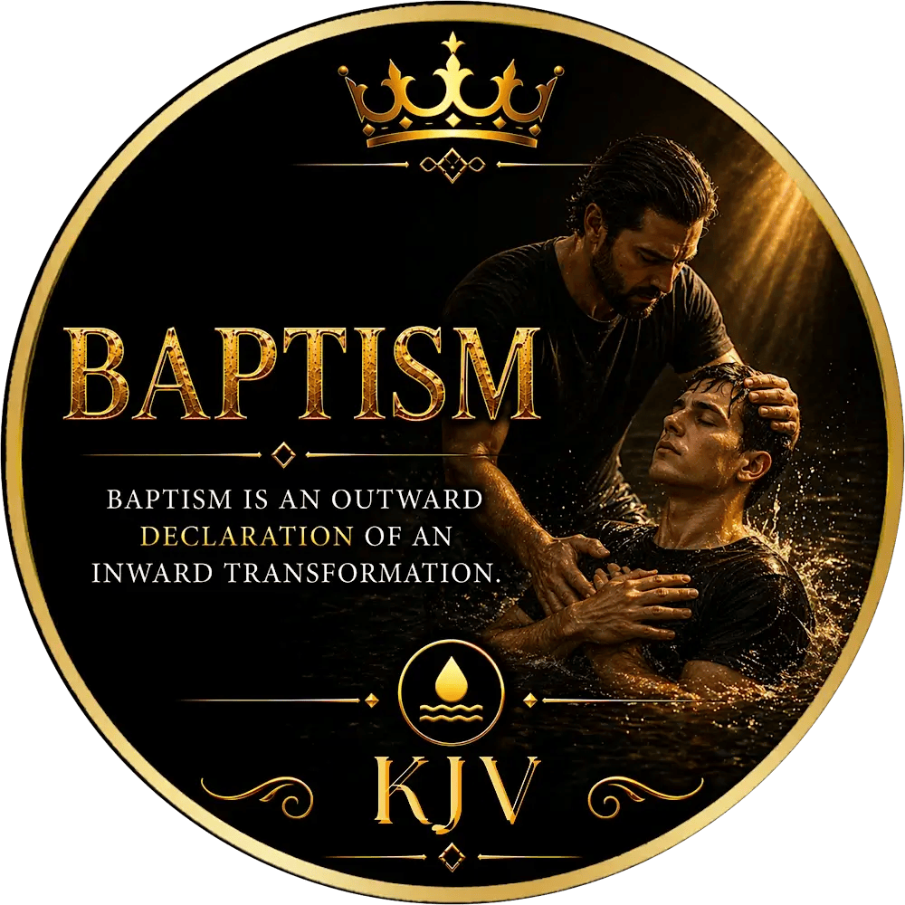 Illustration of a Christian baptism ceremony with a man being baptized in water beneath golden light, featuring the words “Baptism Is an Outward Declaration of an Inward Transformation” and KJV branding.