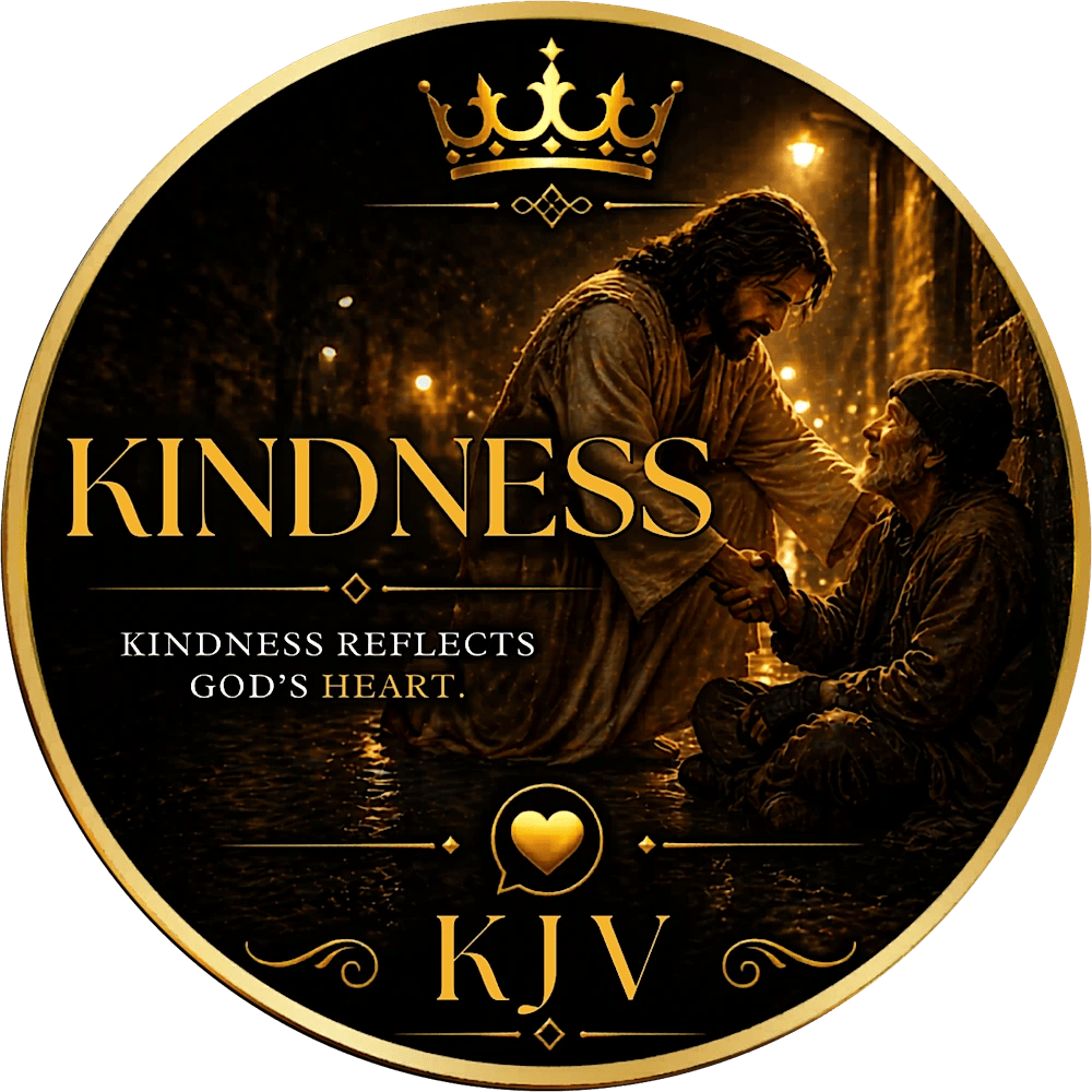 kindness-bible-verses-kjv-pathway365 Christian artwork showing Jesus helping a man in the rain with the words “Kindness Reflects God’s Heart” and KJV branding.