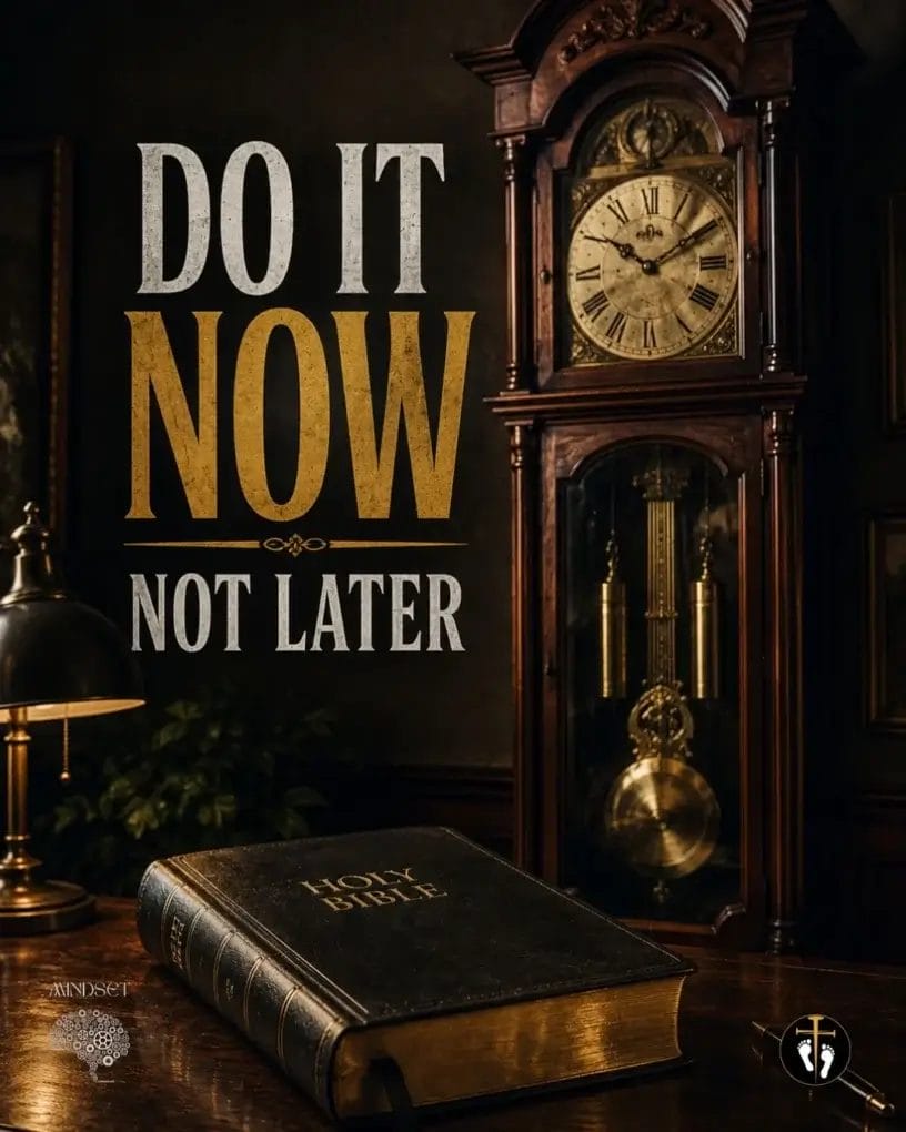 Grandfather clock beside a Holy Bible with bold text reading “Do It Now Not Later,” symbolizing urgency, obedience, and the value of time.